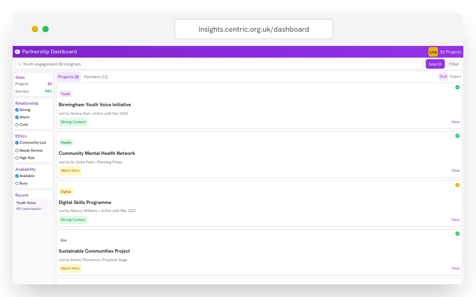 Partnership Dashboard screen
