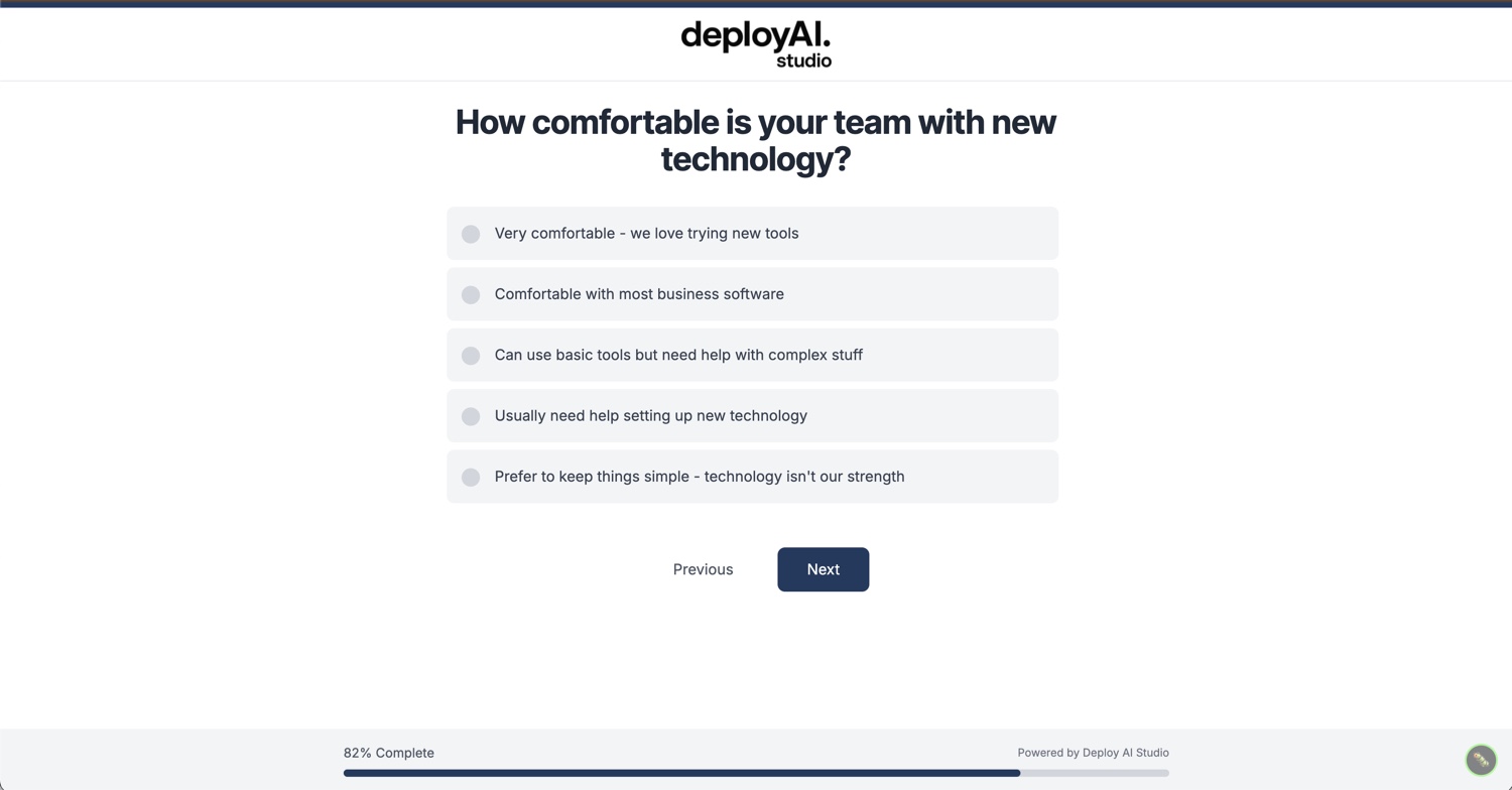 A Fit Check question: how comfortable is your team with new technology, with five answer options and a progress bar.