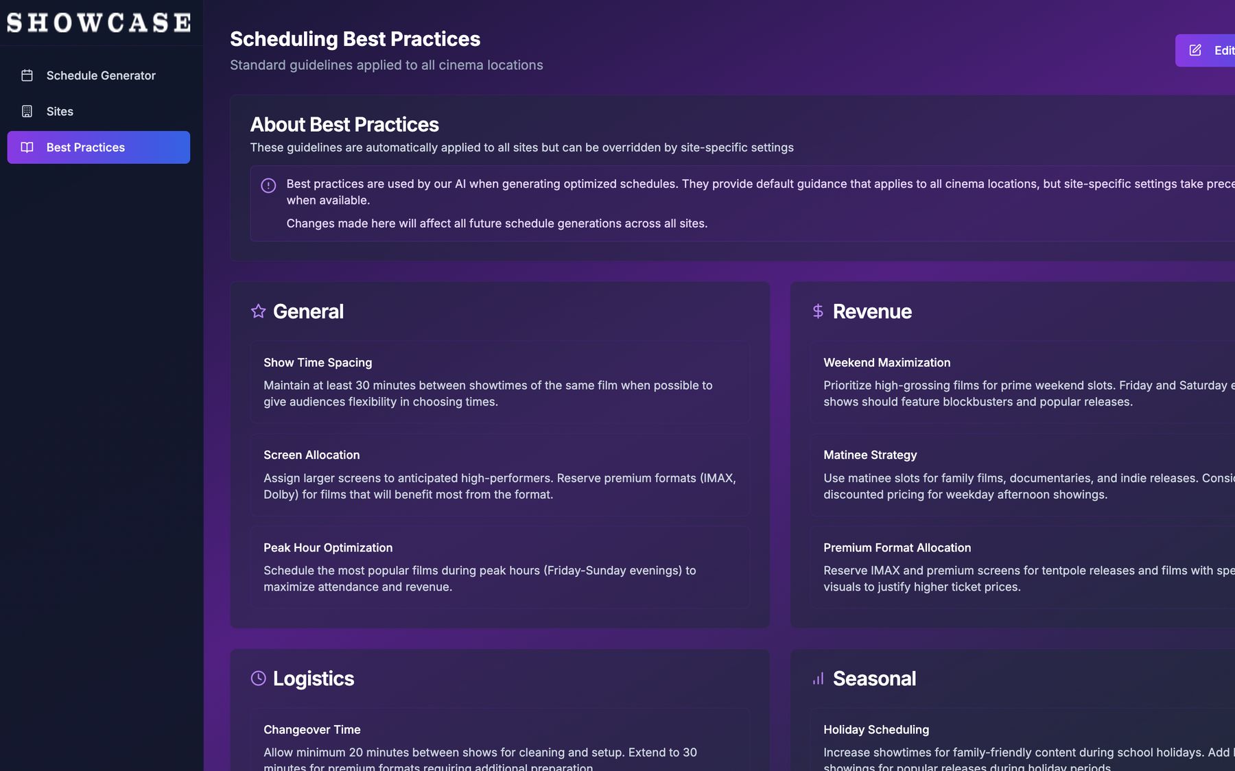 Best Practices screen